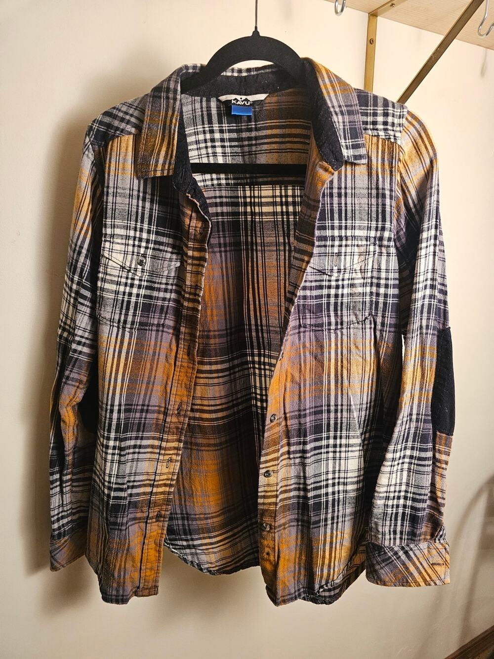 Kavu 100% Cotton Plaid Button-Up Shirt With Elbow Patches-  Mustard & Black